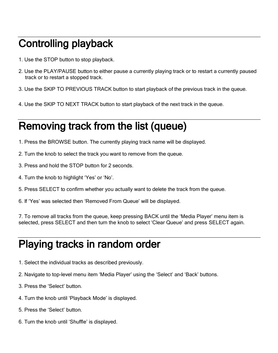 Controlling playback, Removing track from the list (queue), Playing tracks in random order | Grace Digital GDI-IRA500 Solo User Manual | Page 40 / 47