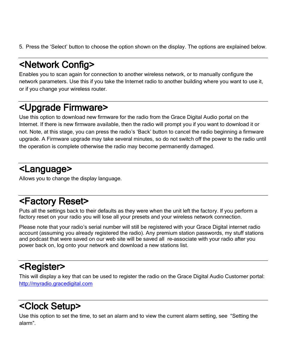 Network config, Upgrade firmware, Language | Factory reset, Register, Clock setup | Grace Digital GDI-IRA500 Solo User Manual | Page 42 / 47