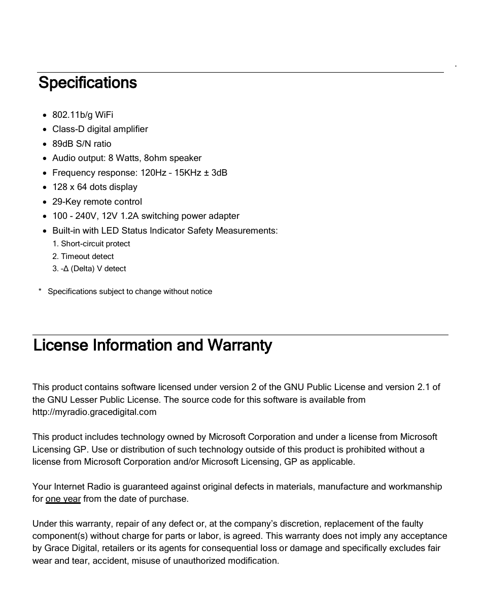 Specifications, License information and warranty | Grace Digital GDI-IRA500 Solo User Manual | Page 45 / 47