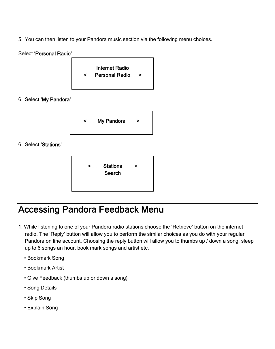 Accessing pandora feedback menu | Grace Digital GDI-IRD4000 Allegro User Manual | Page 26 / 48
