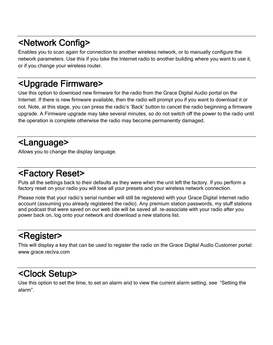Network config, Upgrade firmware, Language | Factory reset, Register, Clock setup | Grace Digital GDI-IRD4000 Allegro User Manual | Page 39 / 48