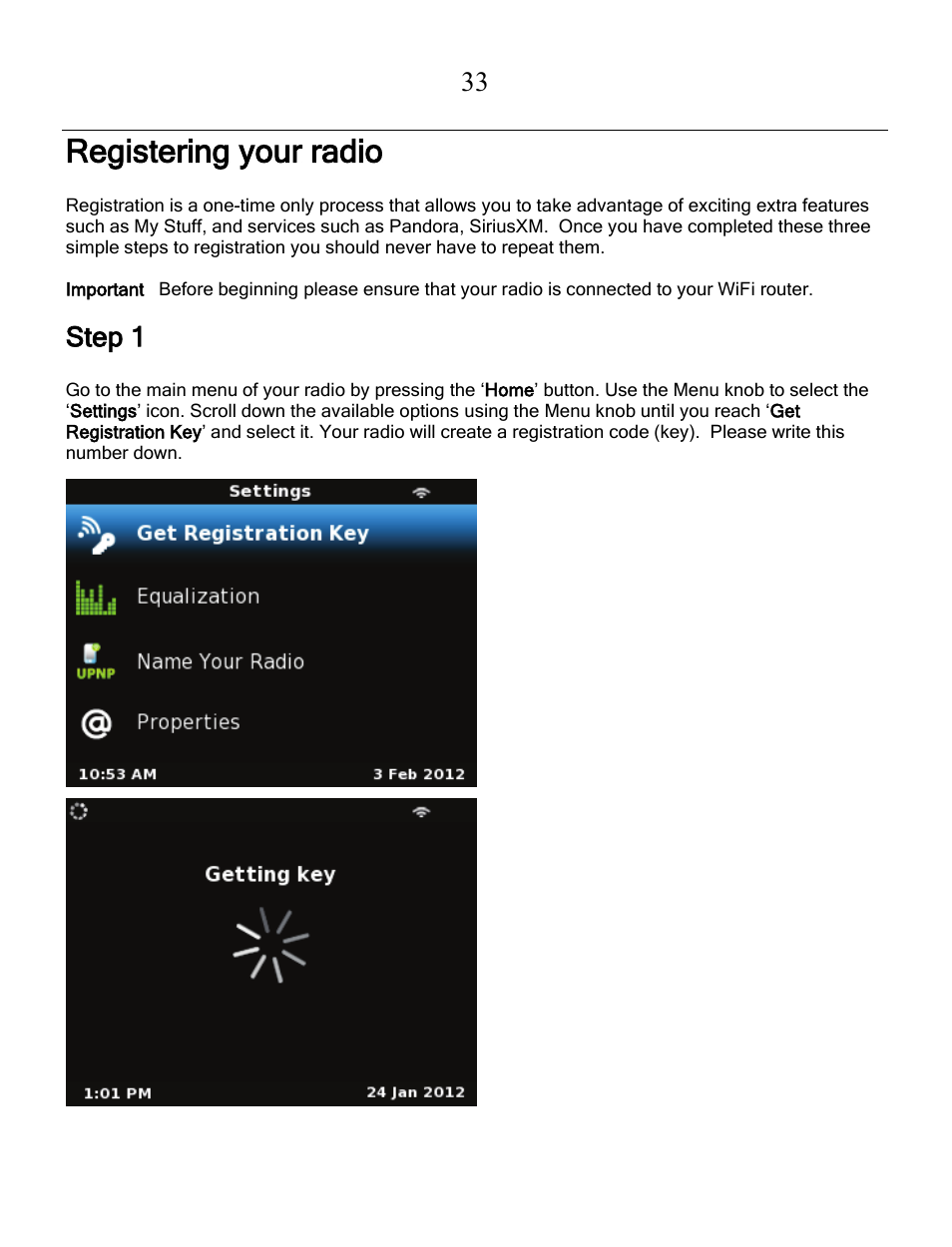 Registering your radio, Step 1 | Grace Digital GDI-IRCA700 Primo User Manual | Page 34 / 52