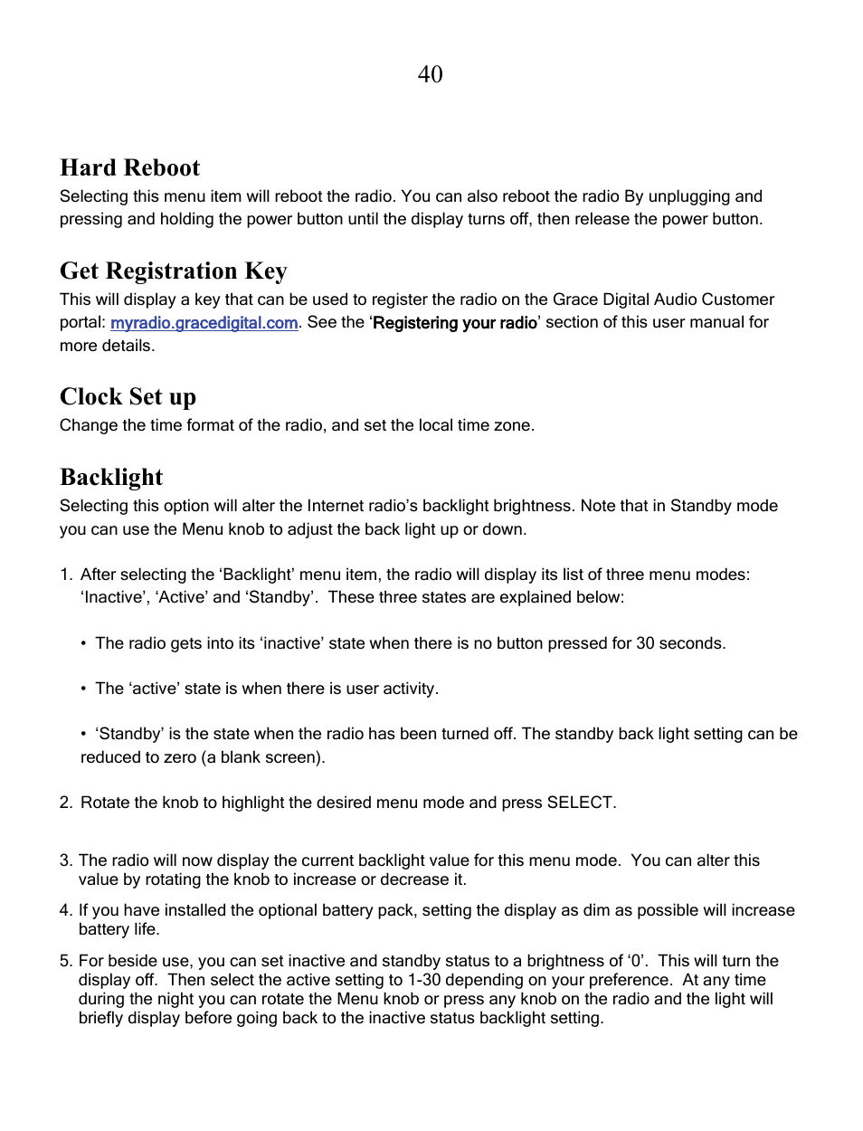 40 hard reboot, Get registration key, Clock set up | Backlight | Grace Digital GDI-IRCA700 Primo User Manual | Page 41 / 52