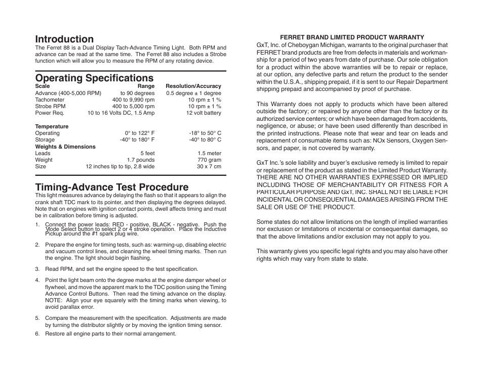 Introduction, Operating speciﬁ cations, Timing-advance test procedure | GxT Ferret 88 Timing Light User Manual | Page 2 / 4