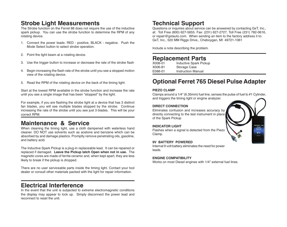 Strobe light measurements, Maintenance & service, Electrical interference | Technical support, Replacement parts, Optional ferret 765 diesel pulse adapter | GxT Ferret 88 Timing Light User Manual | Page 4 / 4