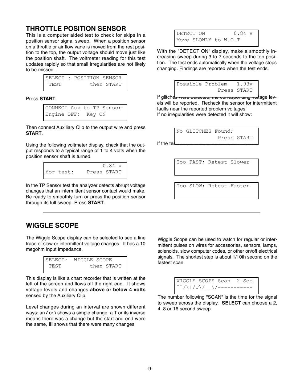 Throttle position sensor, Wiggle scope | GxT Ferret 63 DIAGNOSTIC ENGINE ANALYZER User Manual | Page 11 / 36