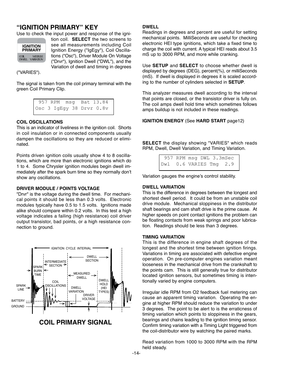 Ignition primary” key, Coil primary signal, Start | GxT Ferret 63 DIAGNOSTIC ENGINE ANALYZER User Manual | Page 16 / 36