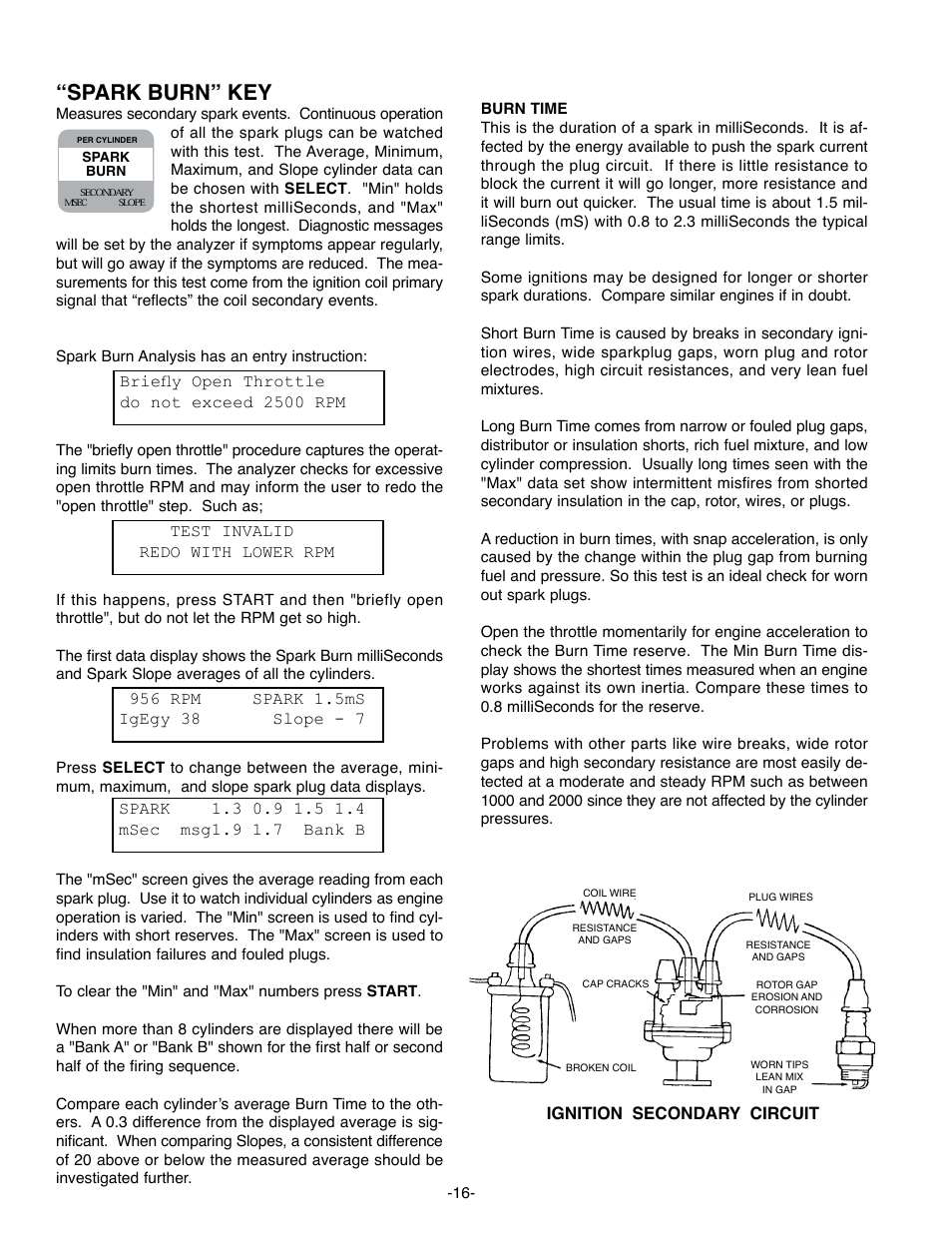 Spark burn” key, Start | GxT Ferret 63 DIAGNOSTIC ENGINE ANALYZER User Manual | Page 18 / 36