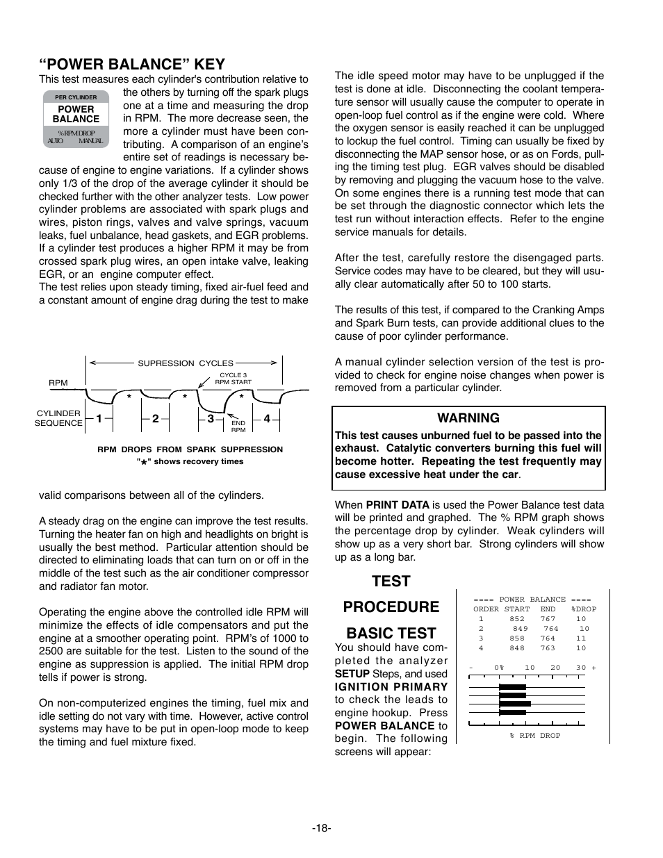 Power balance” key, Test procedure basic test, Start | Warning | GxT Ferret 63 DIAGNOSTIC ENGINE ANALYZER User Manual | Page 20 / 36