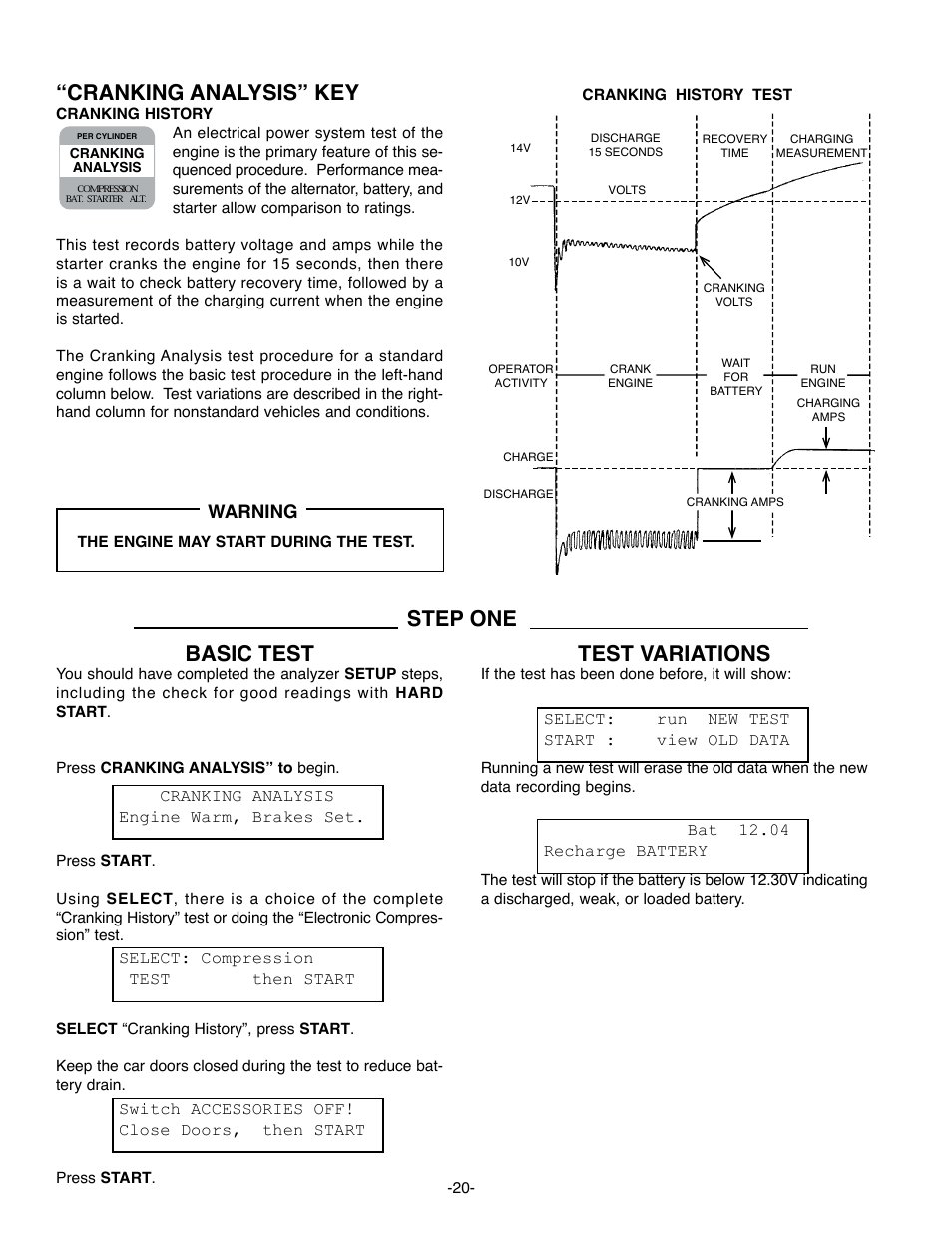 Cranking analysis” key, Step one basic test, Test variations | Start, Warning, Switch accessories off! close doors, then start | GxT Ferret 63 DIAGNOSTIC ENGINE ANALYZER User Manual | Page 22 / 36
