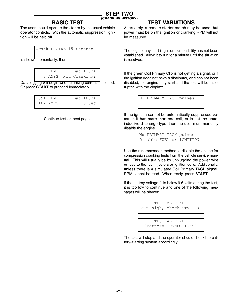 Test variations, Step two, Basic test | GxT Ferret 63 DIAGNOSTIC ENGINE ANALYZER User Manual | Page 23 / 36