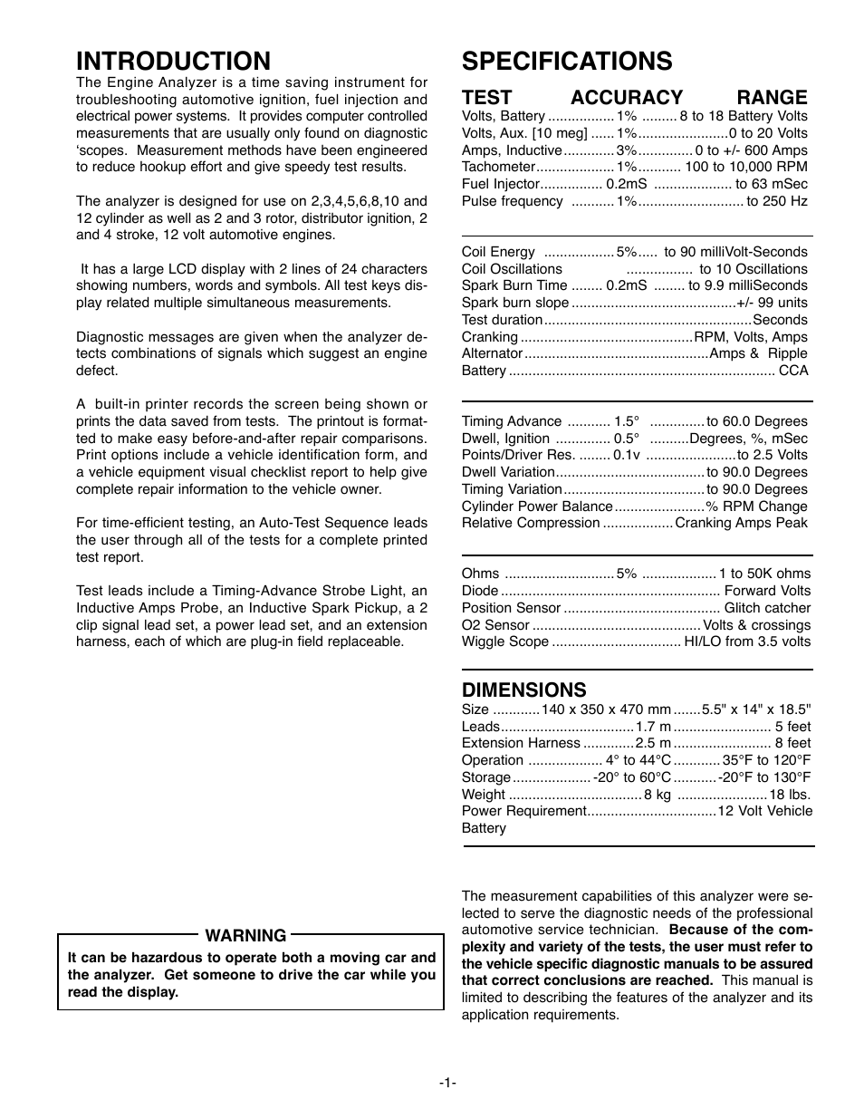 Specifications, Introduction, Test accuracy range | Dimensions | GxT Ferret 63 DIAGNOSTIC ENGINE ANALYZER User Manual | Page 3 / 36