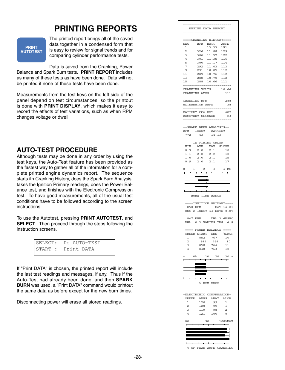 Printing reports, Auto-test procedure, Start | Select: do auto-test start : print data, Select | GxT Ferret 63 DIAGNOSTIC ENGINE ANALYZER User Manual | Page 30 / 36