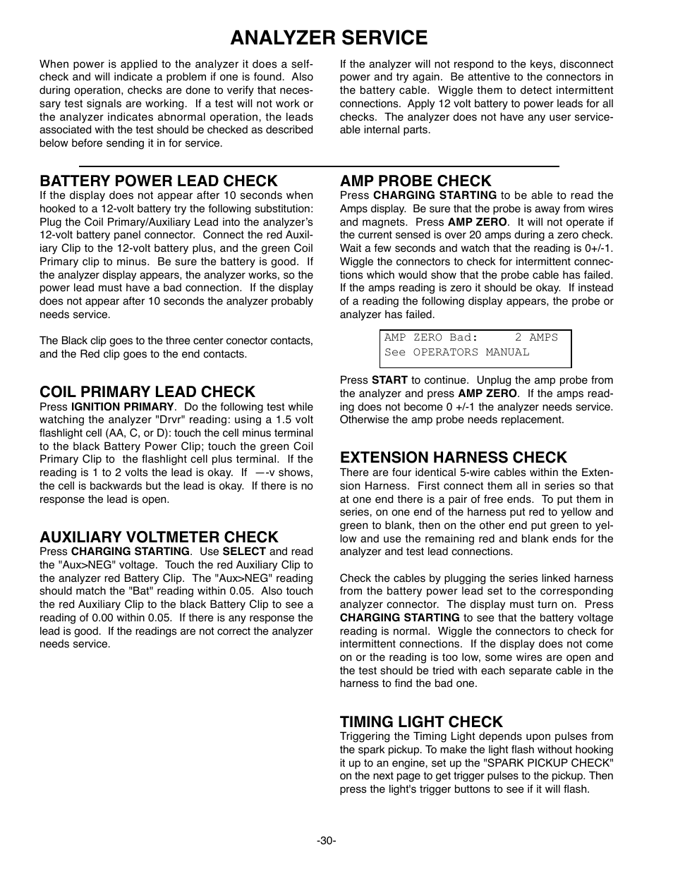 Analyzer service, Battery power lead check, Coil primary lead check | Auxiliary voltmeter check, Amp probe check, Extension harness check, Timing light check | GxT Ferret 63 DIAGNOSTIC ENGINE ANALYZER User Manual | Page 32 / 36