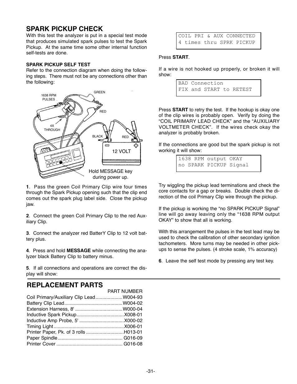 Spark pickup check, Replacement parts | GxT Ferret 63 DIAGNOSTIC ENGINE ANALYZER User Manual | Page 33 / 36