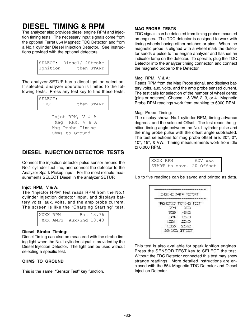 Diesel timing & rpm, Diesel injection detector tests | GxT Ferret 63 DIAGNOSTIC ENGINE ANALYZER User Manual | Page 35 / 36