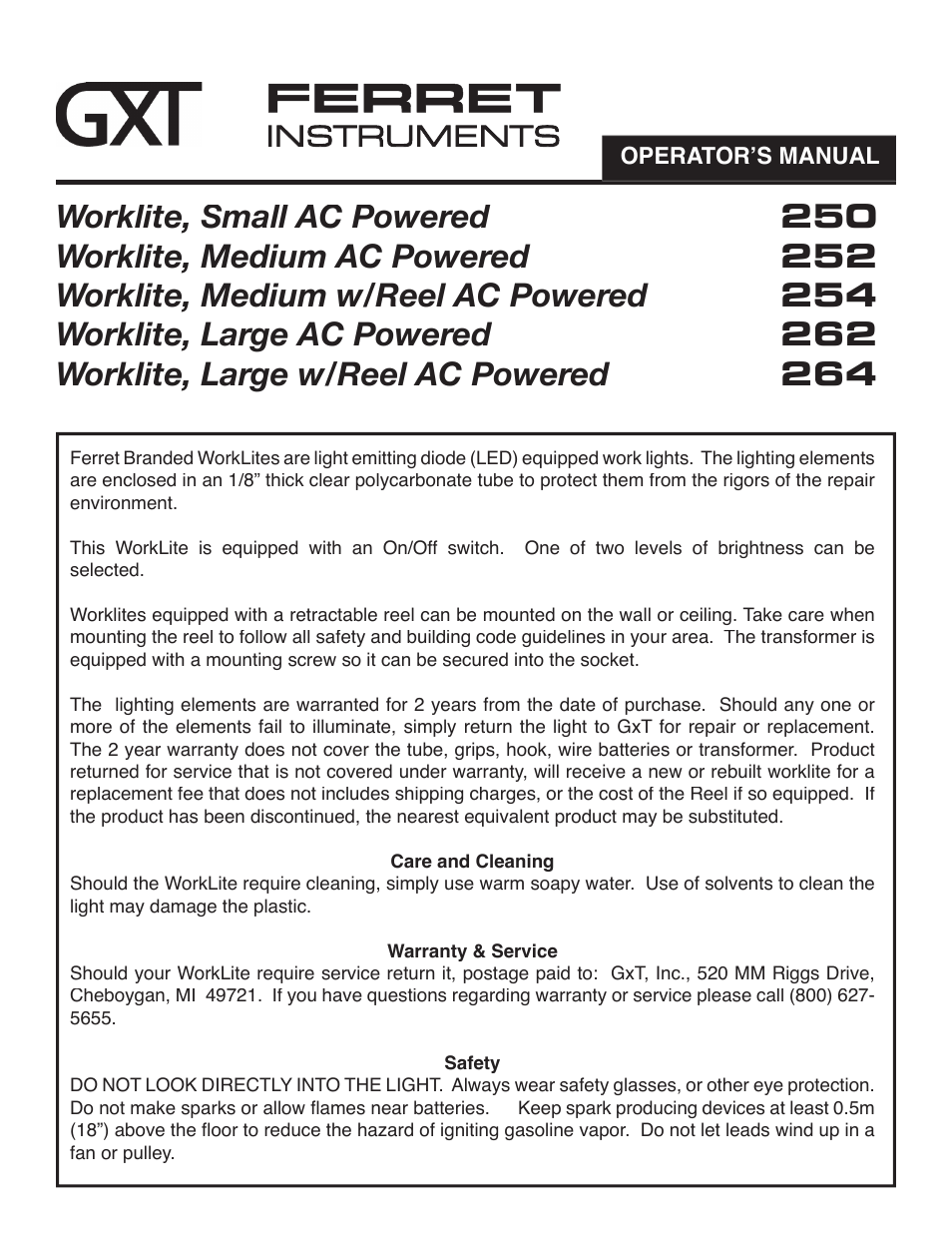 GxT Ferret 250, 251, 252, 254, 262, 264 Worklite User Manual | 2 pages