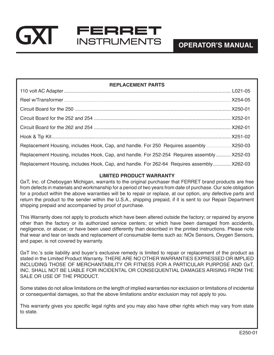 Operator’s manual | GxT Ferret 250, 251, 252, 254, 262, 264 Worklite User Manual | Page 2 / 2