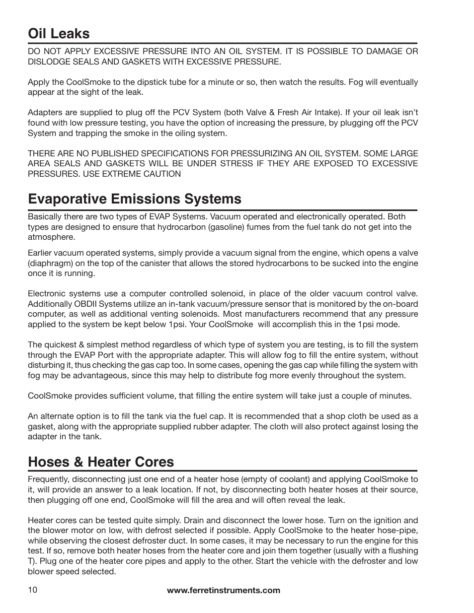 Oil leaks, Evaporative emissions systems, Hoses & heater cores | GxT Ferret 21 Smoke User Manual | Page 10 / 12