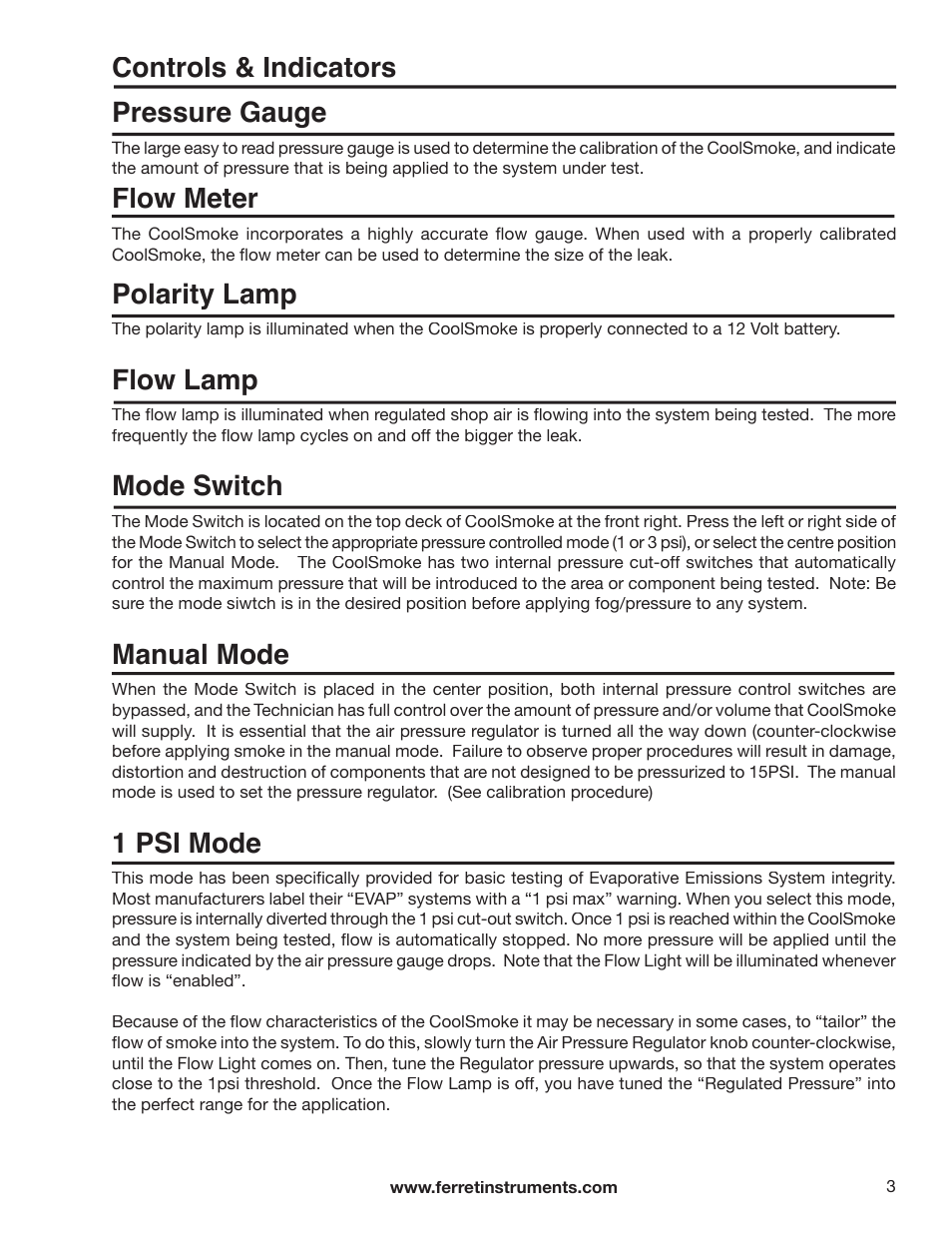 Controls & indicators pressure gauge, Flow meter, Polarity lamp | Flow lamp, Mode switch, Manual mode, 1 psi mode | GxT Ferret 21 Smoke User Manual | Page 3 / 12