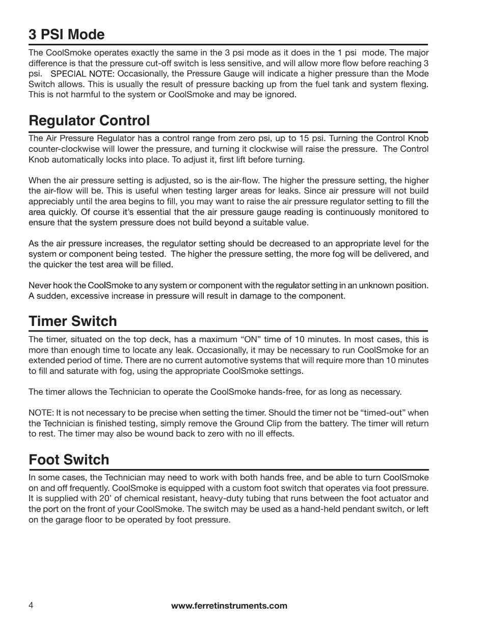 3 psi mode, Regulator control, Timer switch | Foot switch | GxT Ferret 21 Smoke User Manual | Page 4 / 12