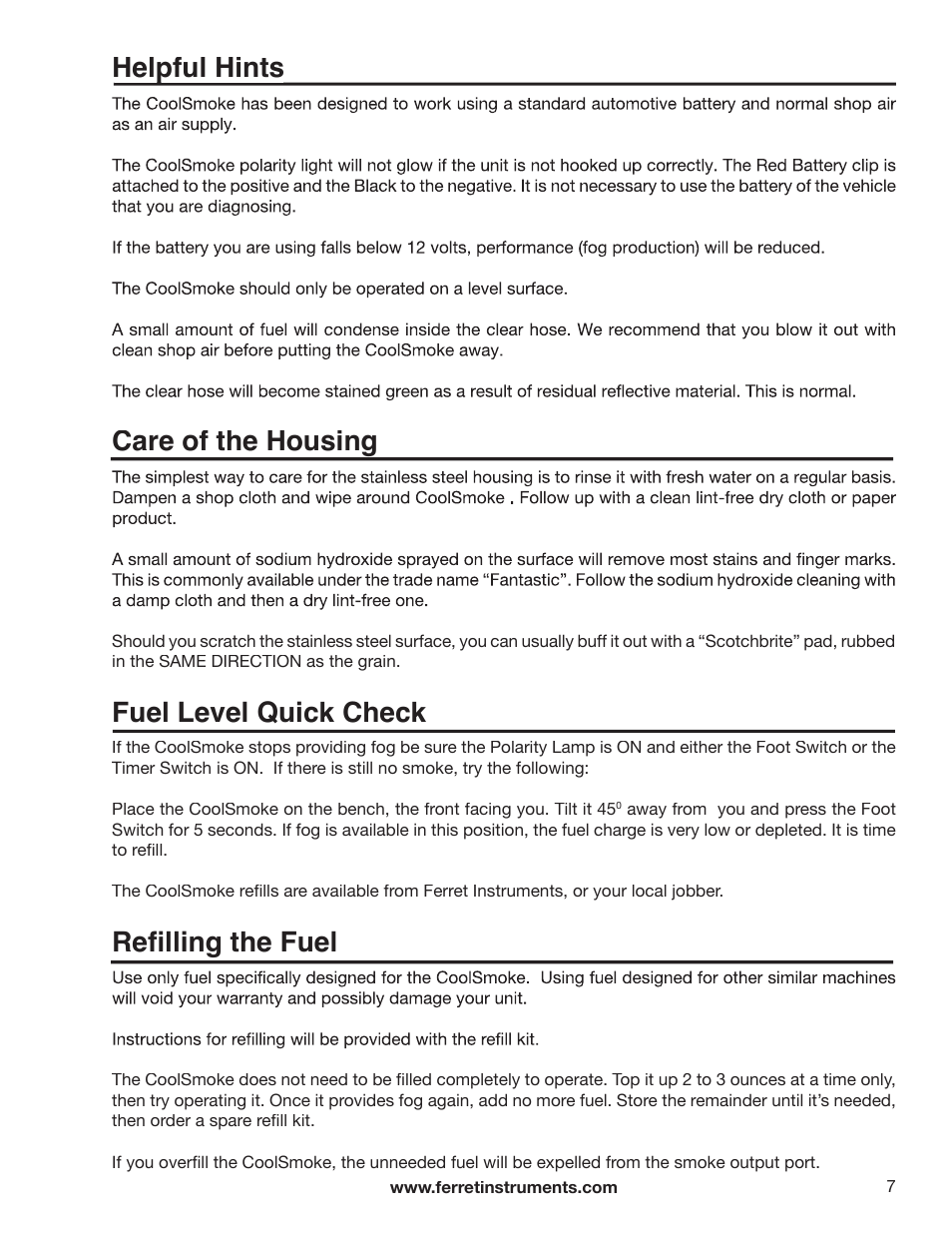 Helpful hints care of the housing, Fuel level quick check, Refi lling the fuel | Helpful hints | GxT Ferret 21 Smoke User Manual | Page 7 / 12