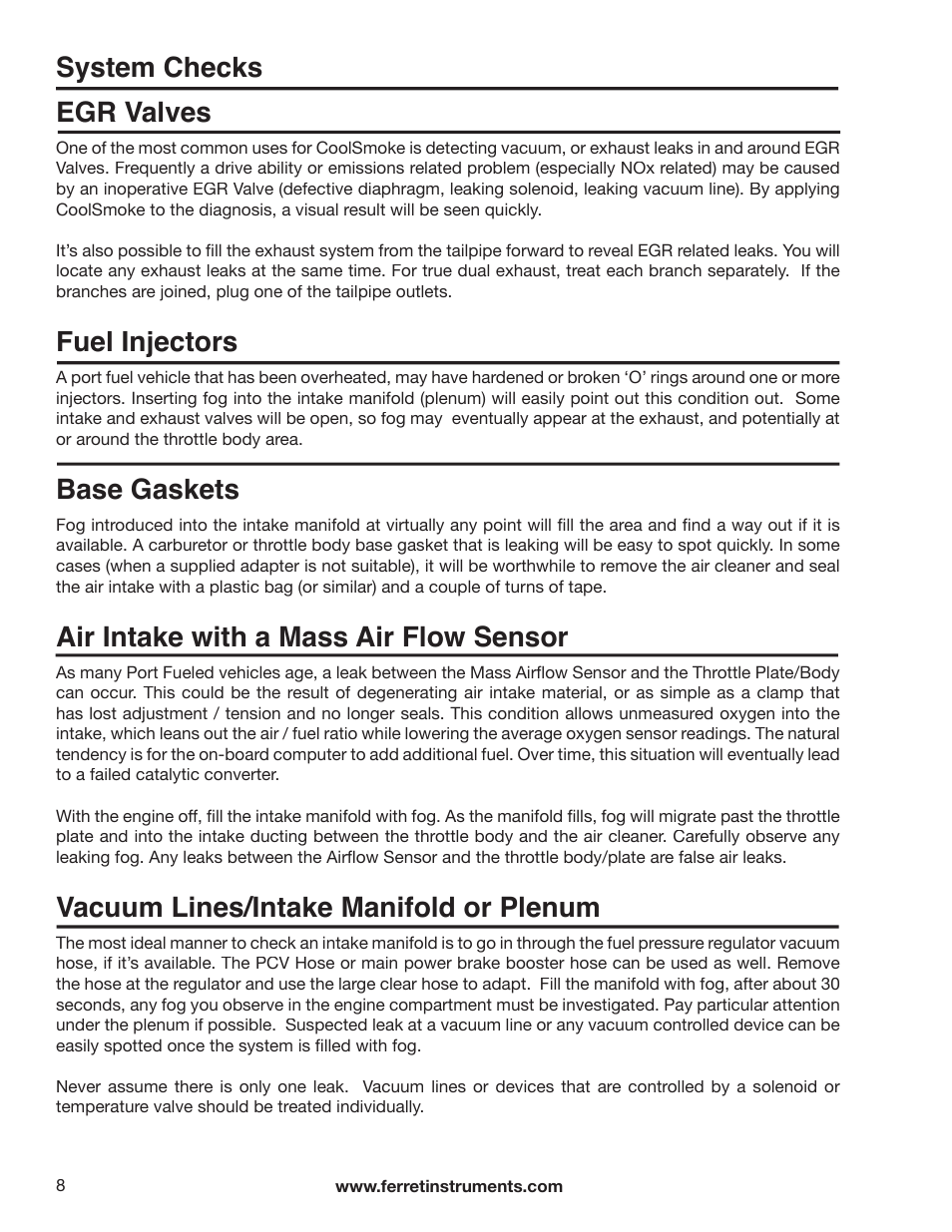 System checks egr valves, Fuel injectors, Base gaskets | Air intake with a mass air flow sensor, Vacuum lines/intake manifold or plenum | GxT Ferret 21 Smoke User Manual | Page 8 / 12
