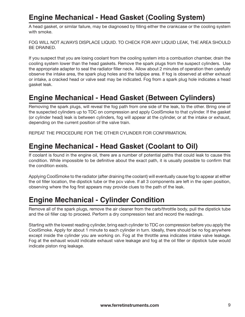 Engine mechanical - head gasket (cooling system), Engine mechanical - head gasket (coolant to oil), Engine mechanical - cylinder condition | GxT Ferret 21 Smoke User Manual | Page 9 / 12