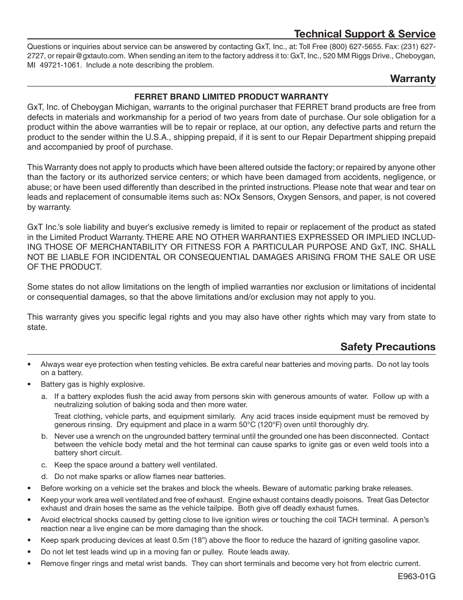 Technical support & service warranty, Safety precautions | GxT V963-01, C.O.P. Primary Adapter, 10 Cyl User Manual | Page 2 / 2