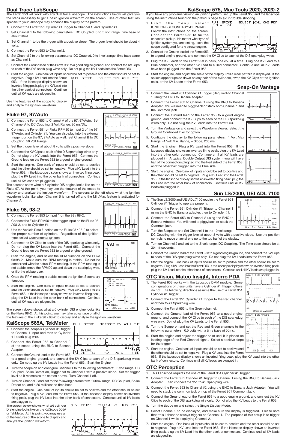 Snap-on van tage, Otc vision, matco insight, interro pda, Otc perception | Dual trace labscope, Fluke 97, 97/auto, Kalscope 565a, tekmeter | GxT V953-01, Universal LabScope KV Adapter User Manual | Page 2 / 2