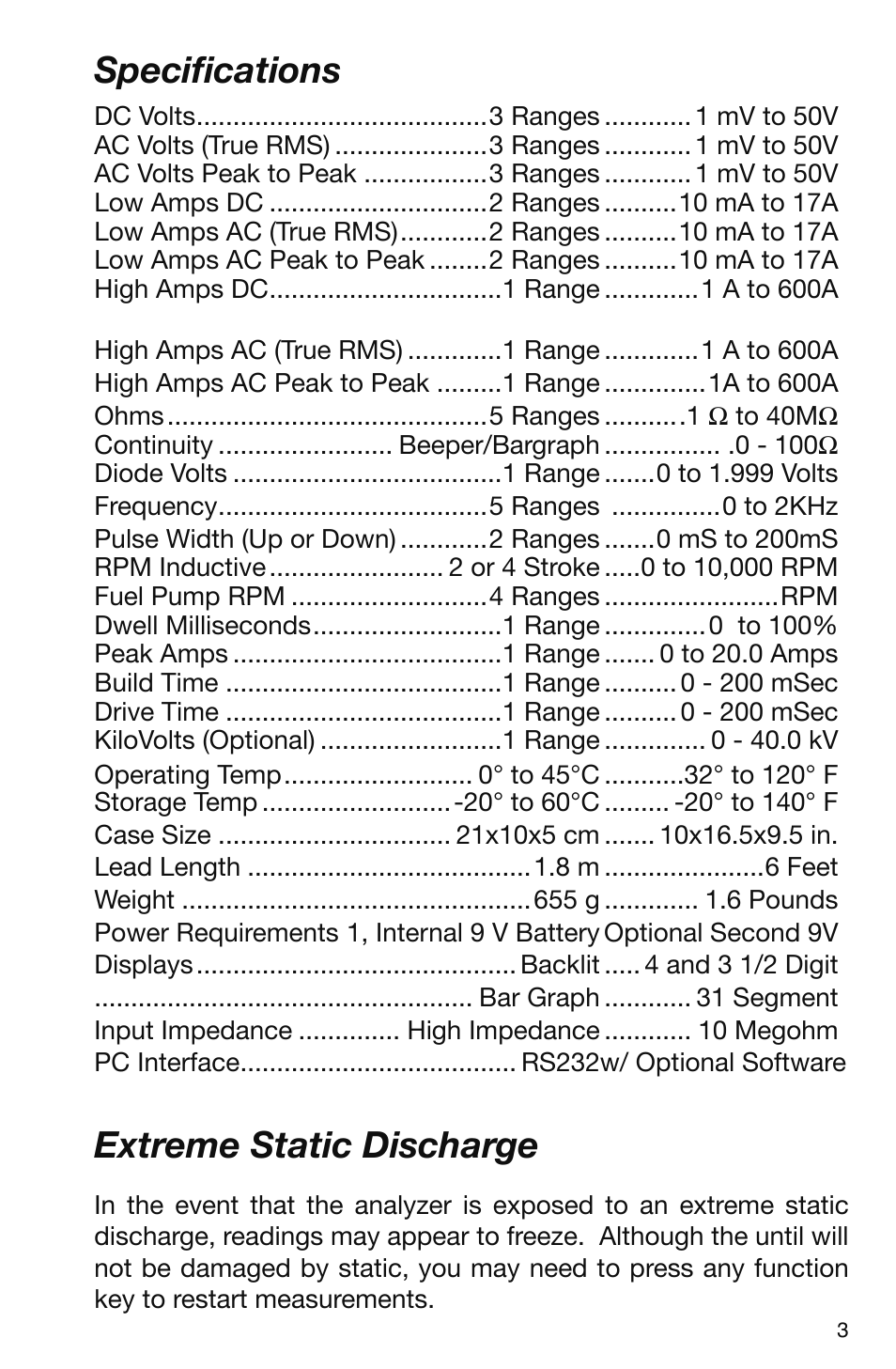Speciﬁcations, Extreme static discharge | GxT V095-01 Automotive Analyzer User Manual | Page 3 / 24