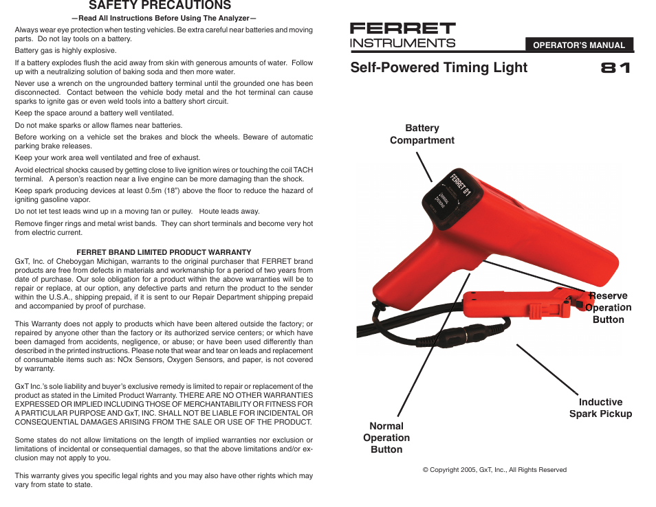 GxT V081-01, Self-Powered Eluminator Timing Light User Manual | 2 pages