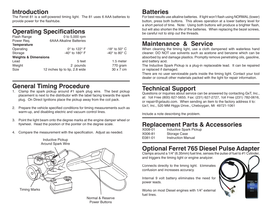 Introduction, Operating speciﬁ cations, General timing procedure | Batteries, Maintenance & service, Technical support, Replacement parts & accessories, Optional ferret 765 diesel pulse adapter | GxT V081-01, Self-Powered Eluminator Timing Light User Manual | Page 2 / 2