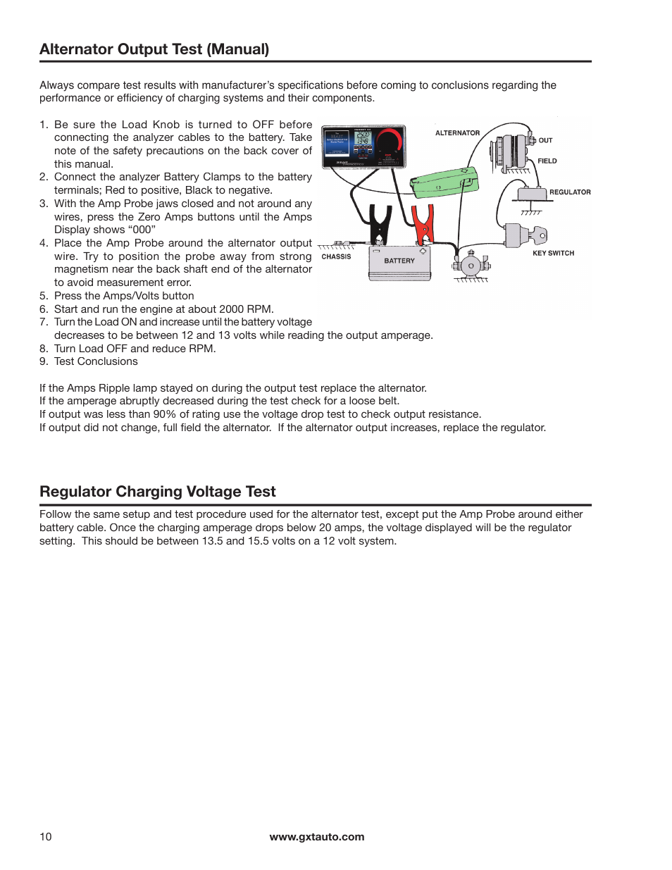 Alternator output test (manual), Regulator charging voltage test | GxT V044-01, Ferret 44 Battery Tester with Printer Manual User Manual | Page 10 / 12