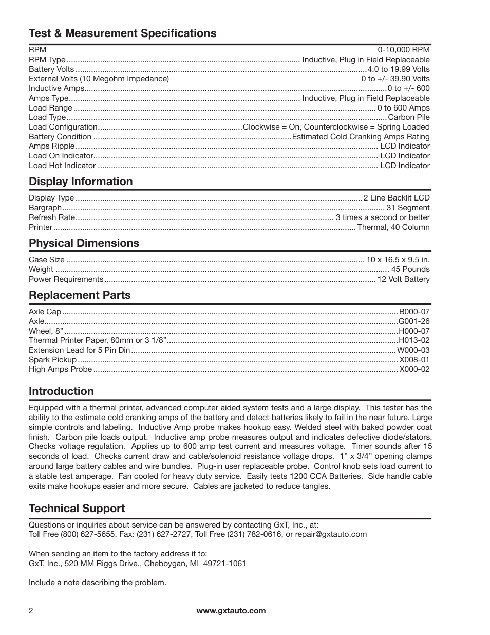 Test & measurement speciﬁ cations, Display information, Physical dimensions | Replacement parts, Introduction, Technical support | GxT V044-01, Ferret 44 Battery Tester with Printer Manual User Manual | Page 2 / 12