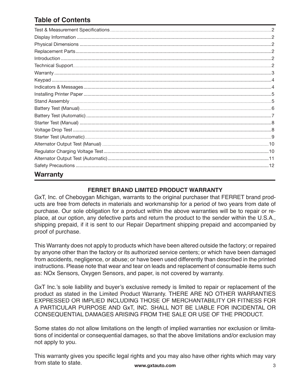 GxT V044-01, Ferret 44 Battery Tester with Printer Manual User Manual | Page 3 / 12