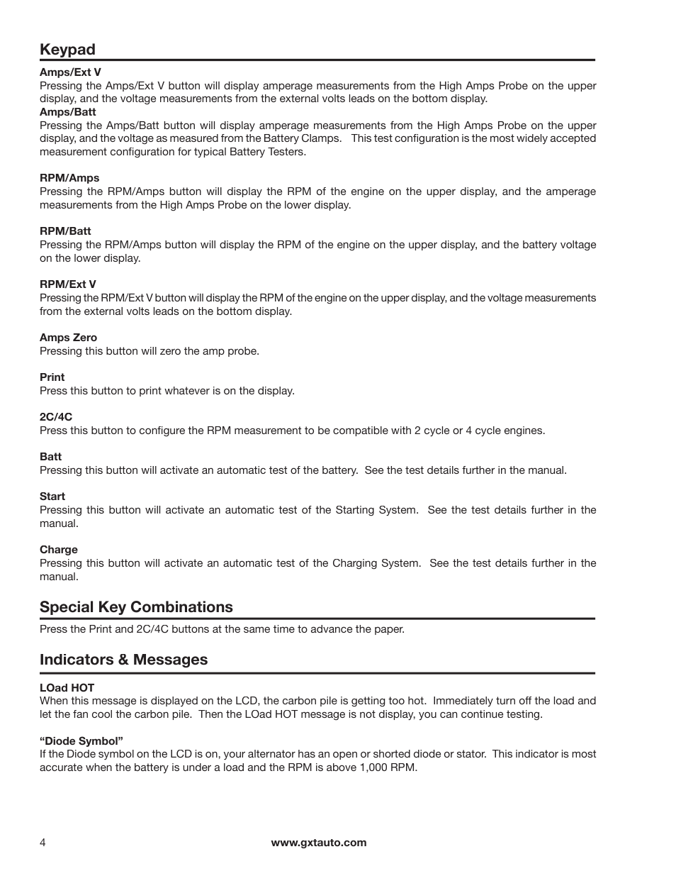 Keypad, Special key combinations, Indicators & messages | GxT V044-01, Ferret 44 Battery Tester with Printer Manual User Manual | Page 4 / 12