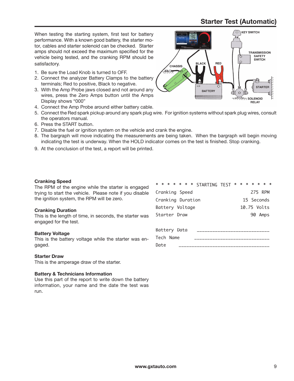 Starter test (automatic) | GxT V044-01, Ferret 44 Battery Tester with Printer Manual User Manual | Page 9 / 12