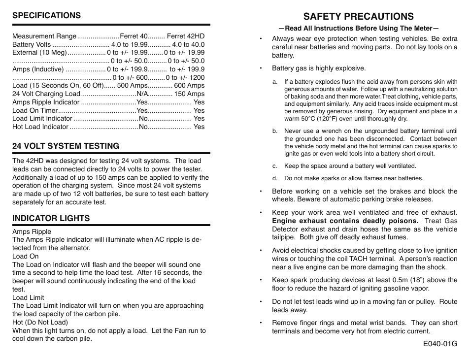 Safety precautions | GxT V040-01, Battery Tester User Manual | Page 2 / 6