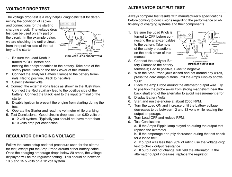 Voltage drop test, Regulator charging voltage, Alternator output test | GxT V040-01, Battery Tester User Manual | Page 6 / 6