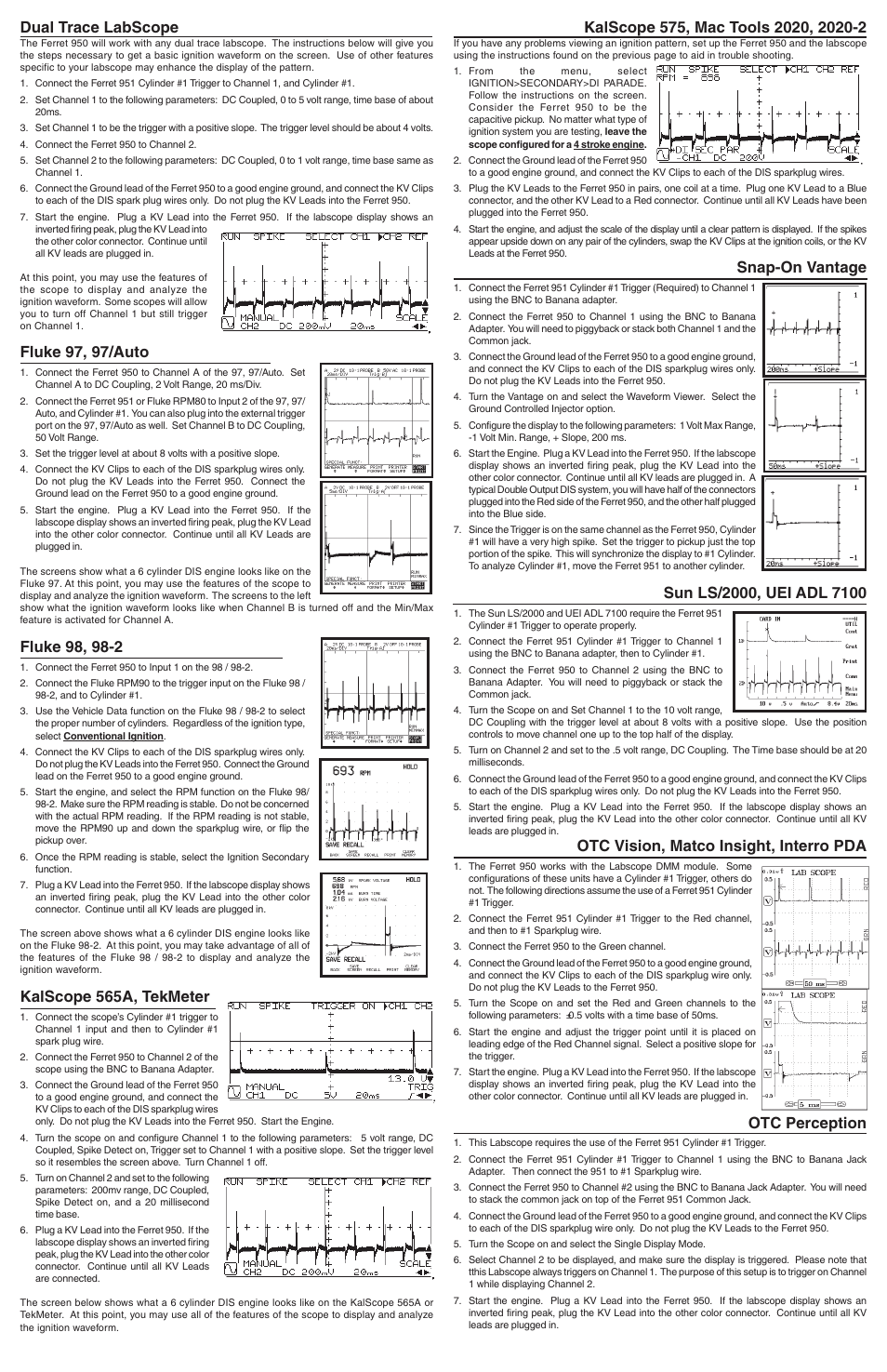 Dual trace labscope, Fluke 97, 97/auto, Kalscope 565a, tekmeter | Snap-on vantage, Otc vision, matco insight, interro pda, Otc perception | GxT Ferret 950 KV Adapter User Manual | Page 2 / 2