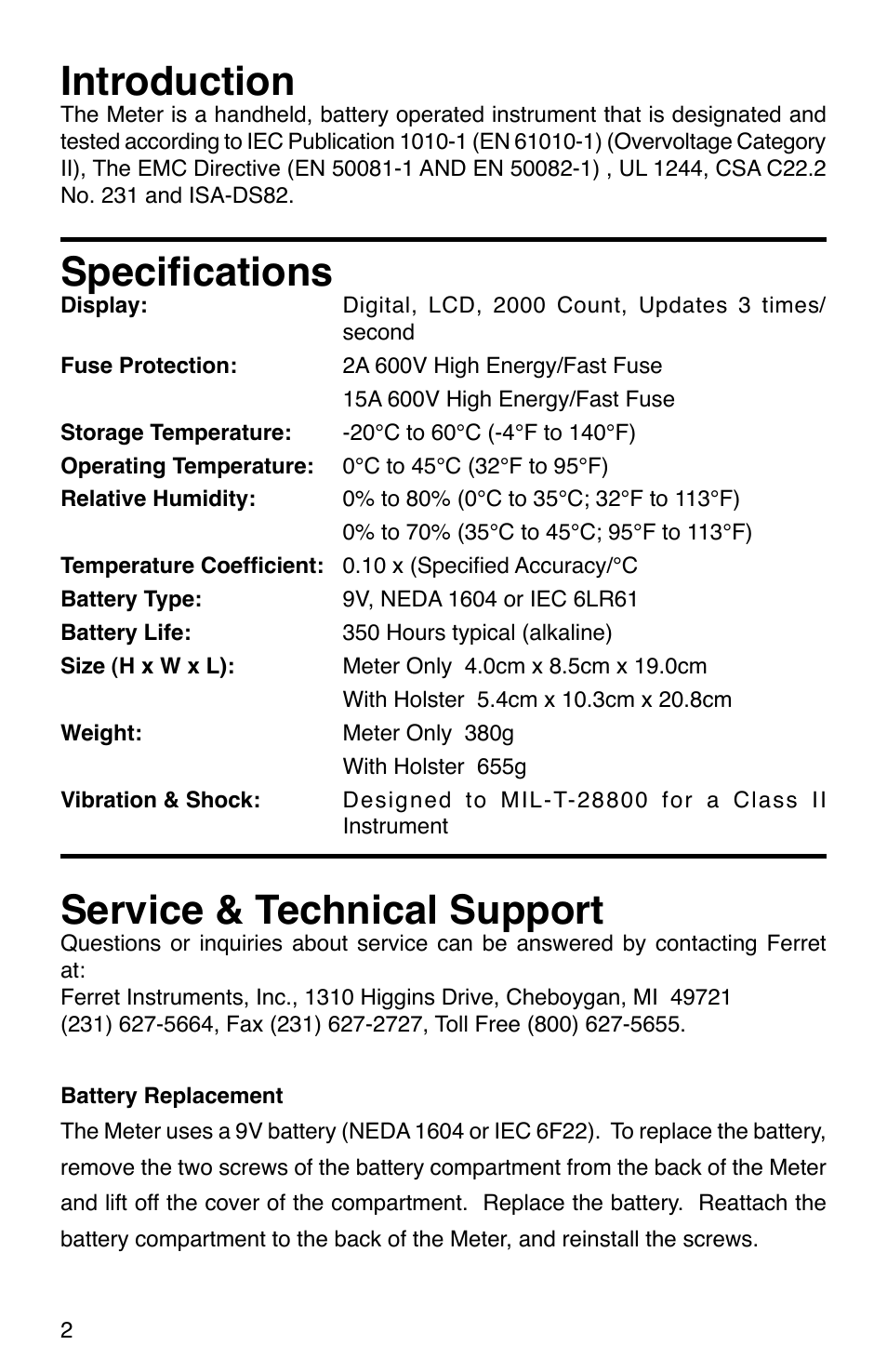 Introduction, Speciﬁcations, Service & technical support | GxT Ferret 94 Mulitmeter User Manual | Page 2 / 8