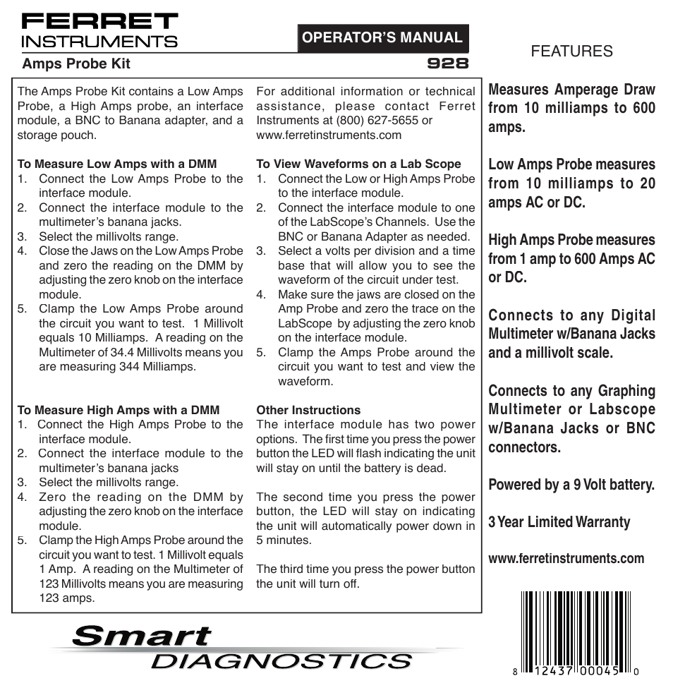 GxT Ferret 928 Amps Probe Kit User Manual | 2 pages