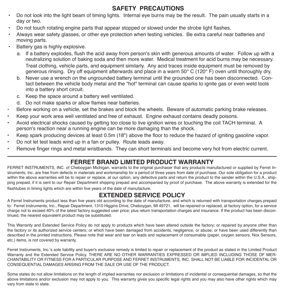 Ferret brand limited product warranty, Extended service policy, Safety precautions | GxT Ferret 928 Amps Probe Kit User Manual | Page 2 / 2