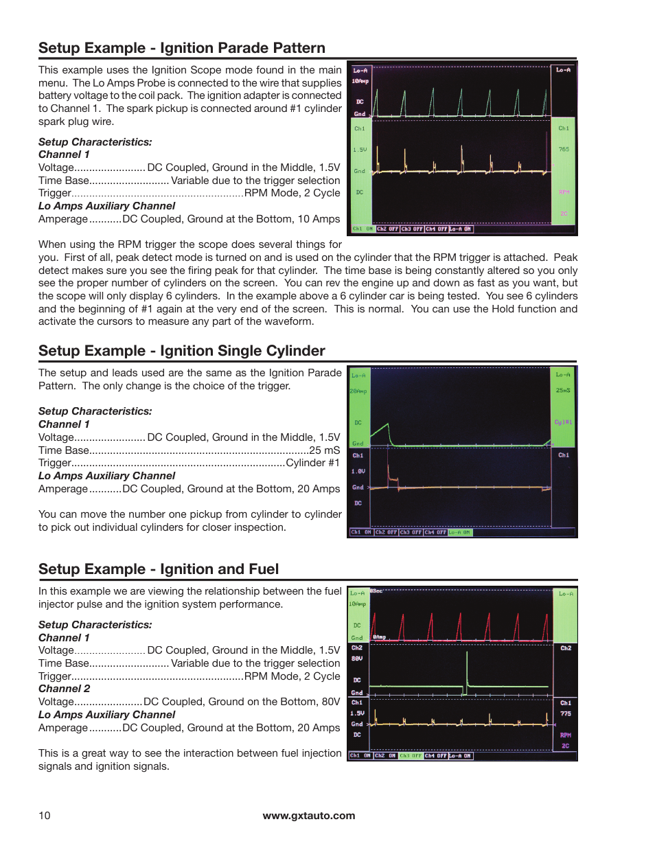 Setup example - ignition parade pattern, Setup example - ignition single cylinder, Setup example - ignition and fuel | GxT Ferret 92 Color Labscope User Manual | Page 10 / 24