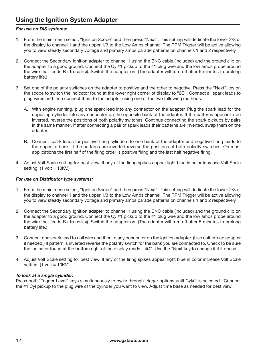 Using the ignition system adapter | GxT Ferret 92 Color Labscope User Manual | Page 12 / 24