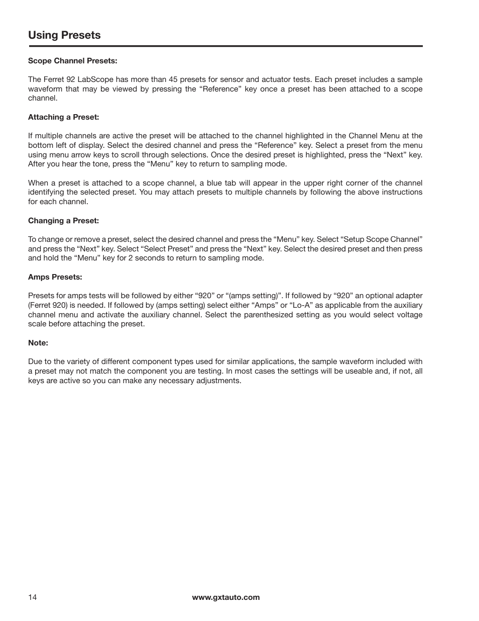 Using presets | GxT Ferret 92 Color Labscope User Manual | Page 14 / 24