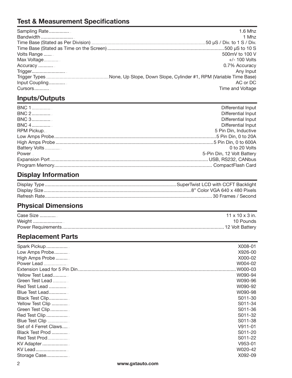 Test & measurement speciﬁ cations, Inputs/outputs, Display information | Physical dimensions, Replacement parts | GxT Ferret 92 Color Labscope User Manual | Page 2 / 24