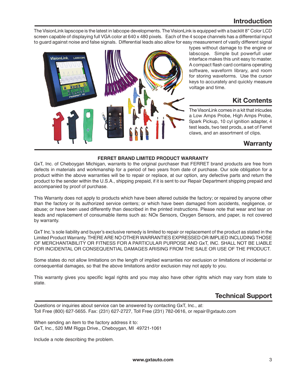 Introduction, Kit contents, Warranty | Technical support | GxT Ferret 92 Color Labscope User Manual | Page 3 / 24