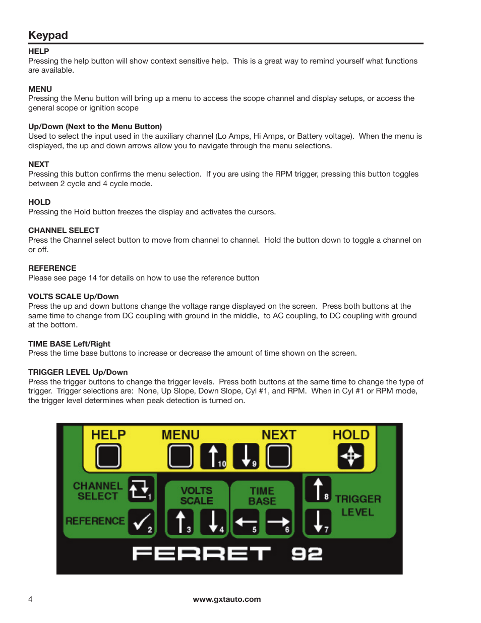 Keypad | GxT Ferret 92 Color Labscope User Manual | Page 4 / 24